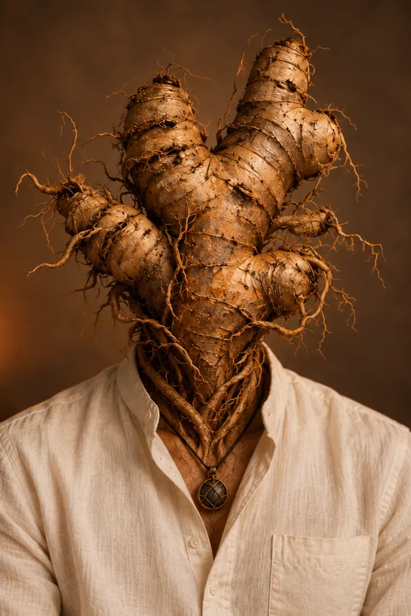 Portrait of ROOT, whose head is a gnarled root