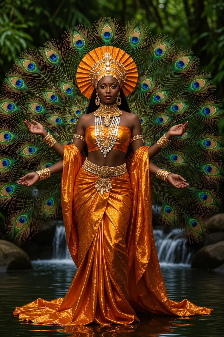 Temple artwork: a woman in an orange ceremonial gown, surrounded by peacock feathers and flowing water