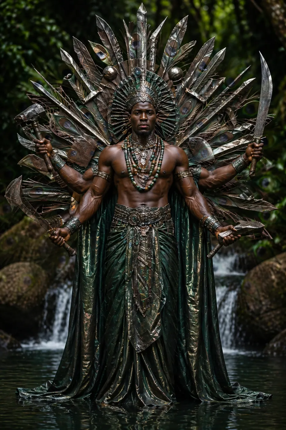 Temple artwork: a ceremonial figure standing in a river beneath an elaborate feathered headdress